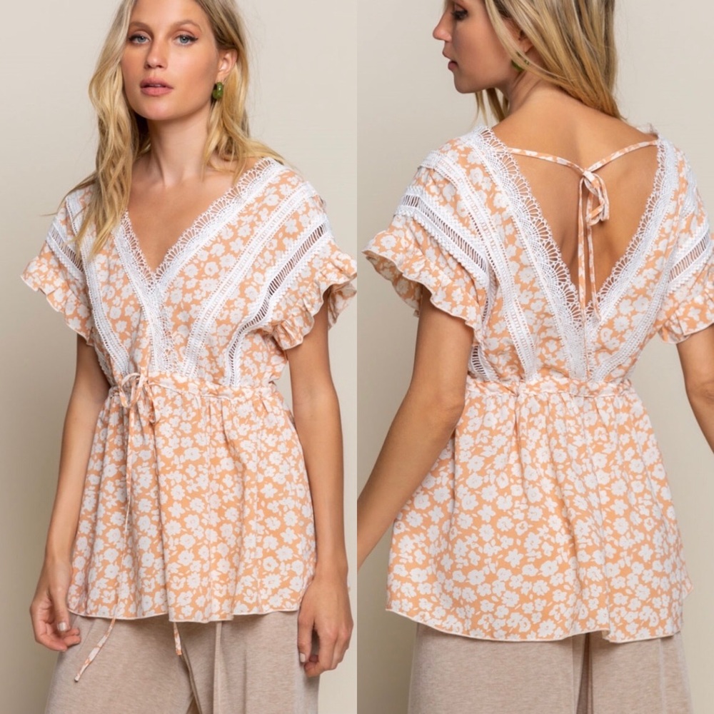 POL Orange & White Floral Print Top Short Sleeve Tie Waist